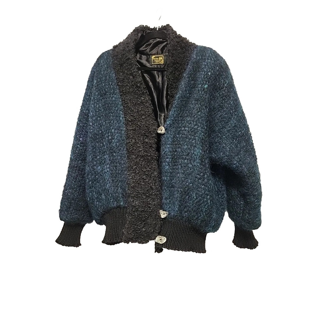Susan Fife Free People Handwoven Mohair Jacket Abalone Buttons Blue Black Small